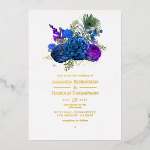 Invitation En Aluminium Bleu Nuit et Or Vintage Paon Mariage Feuille de Me