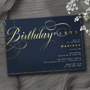 Invitation En Aluminium Bleu Nuit Foncé et Or   Anniversaire Moderne Vinta