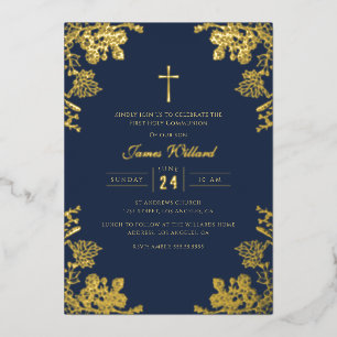 Invitation En Aluminium Bleu Nuit Or Croix Vintage Garçons Première Commun