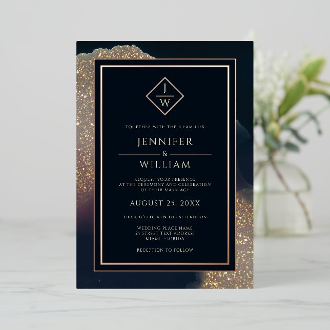 Invitation En Aluminium Bleu Or moderne Formal Classic Initial Élégant (Debout devant)