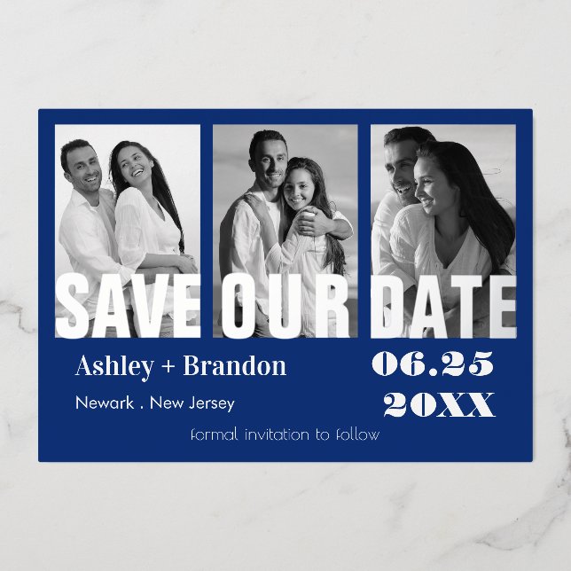 Invitation En Aluminium Bleu photo triple, Blanc, VRAI (Recto)