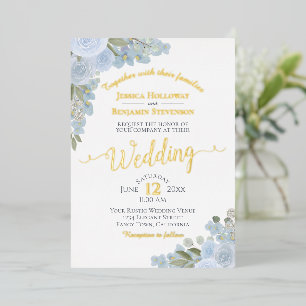 Invitation En Aluminium Bleu Poussiéreux Aquarelle Floral Boho Mariage Or