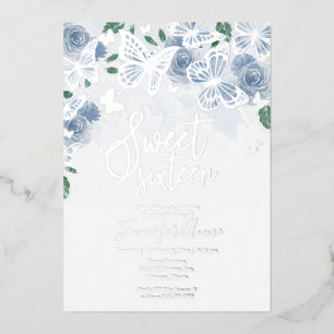 Invitation En Aluminium Bleu Poussiéreux Floral Sweet 16 Papillon Argent