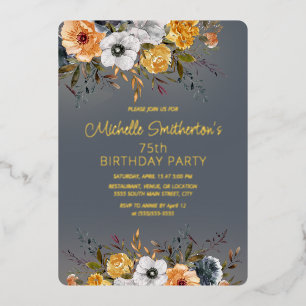 Invitation En Aluminium Bleu Poussiéreux Jaune Floral 75e Anniversaire