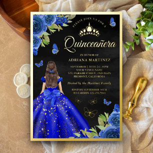 Invitation En Aluminium Bleu Royal Floral Papillon Noir Quinceanera Or