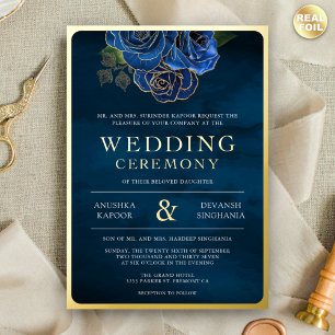 Invitation En Aluminium Bleu Royal Floral Photo Mariage Indien Or