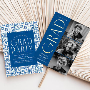 Invitation En Aluminium Blue and Gold Foil 3 Photo Graduation Party