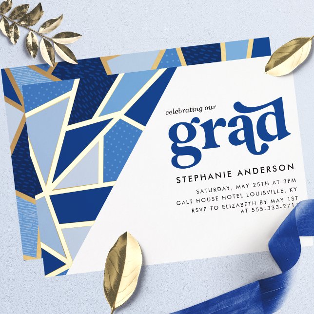 Invitation En Aluminium Blue Geometry Gold Modern Graduation Party (Créateur téléchargé)