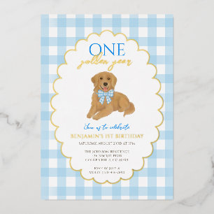 Invitation En Aluminium Blue Golden Retriever Puppy Pawty 1er anniversaire