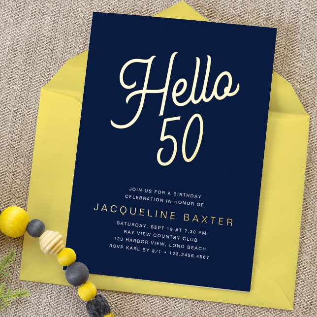 Invitation En Aluminium Blue Hello 50 Gold Script 50th Birthday Party (Créateur téléchargé)