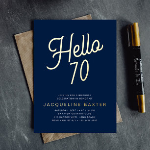Invitation En Aluminium Blue Hello 70 Gold Script 70th Birthday Party