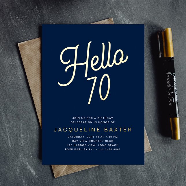 Invitation En Aluminium Blue Hello 70 Gold Script 70th Birthday Party (Créateur téléchargé)