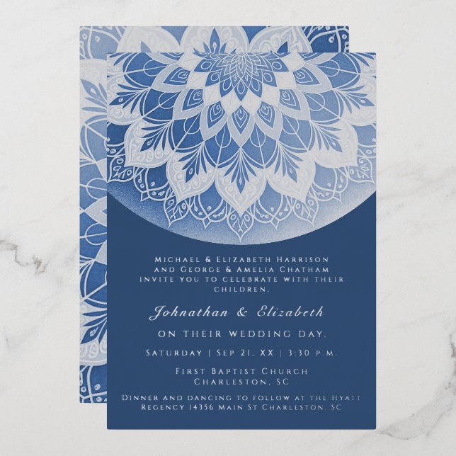 Invitation En Aluminium Blue Lace Mandala Wedding (Recto/Verso)