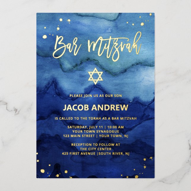 Invitation En Aluminium Blue Ombre Aquarelle et Gold Bar Mitzvah (Recto)