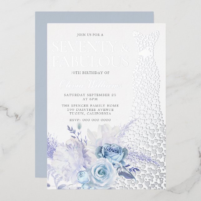 Invitation En Aluminium Blue Rose 70e anniversaire fête Argent (Recto/Verso)