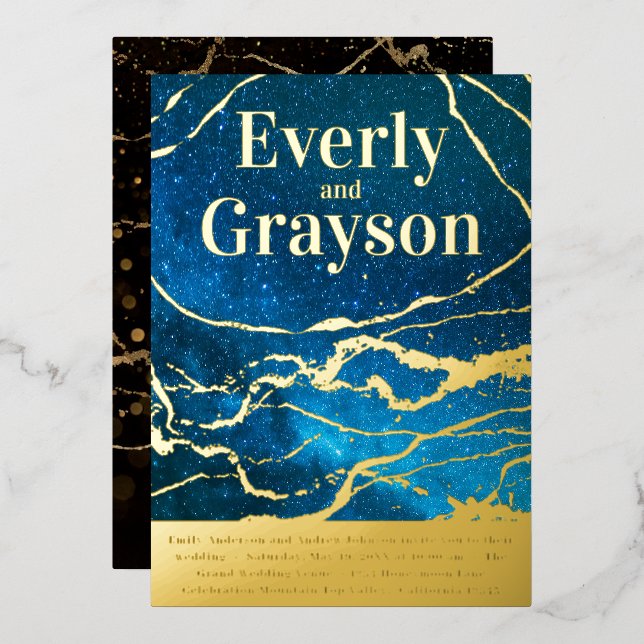 Invitation En Aluminium Blue Sky Galaxy Agate Marbre Mariage or (Recto/Verso)
