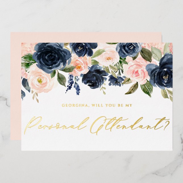 Invitation En Aluminium Blush and Navy Flowers Be My Personal Attendant (Recto/Verso)