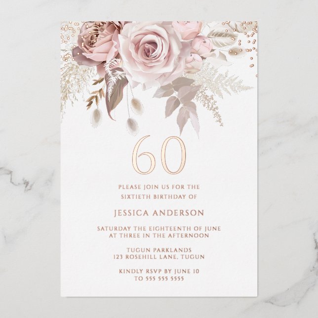 Invitation En Aluminium Blush & Dusty Rose 60e anniversaire Rose de fête G (Recto)