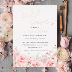 Invitation En Aluminium Blush Floral Rose Gold Papillon Mariage 