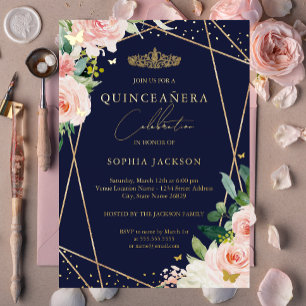 Invitation En Aluminium Blush Géométrique Navy Or Quinceanera Floral
