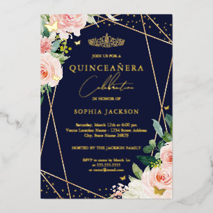 Invitation En Aluminium Blush Géométrique Photo de Quinceanera Florale Nav