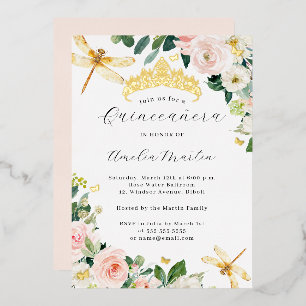 Invitation En Aluminium Blush Gold Floral Libellule Quinceanera