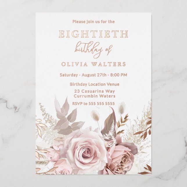 Invitation En Aluminium Blush magique & Rose Floral 80e anniversaire (Recto)