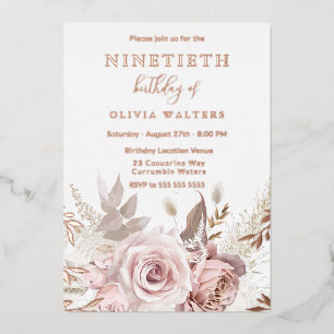 Invitation En Aluminium Blush magique & Rose Floral 90e anniversaire