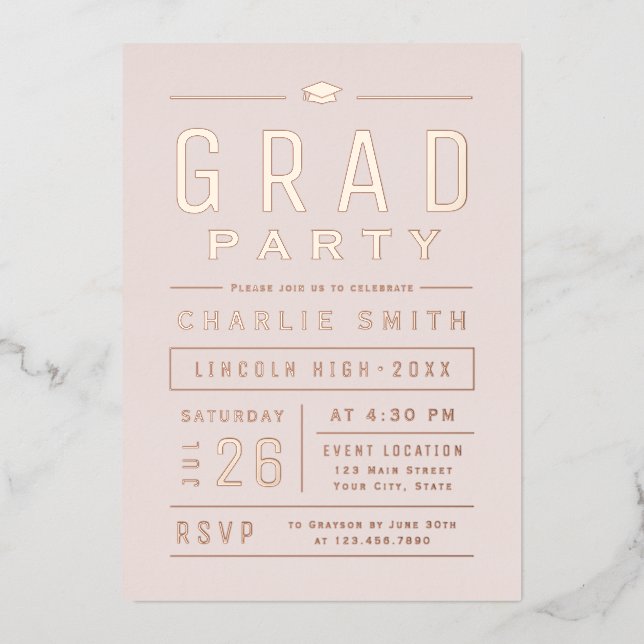 Invitation En Aluminium Blush Modern Simple Typographie Partie de graduati (Recto)