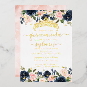 Invitation En Aluminium Blush Navy Floral Golden Butterfly Quinceanera