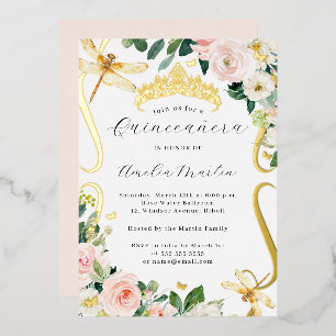 Invitation En Aluminium Blush Or Floral Libellule Défilement Quinceanera