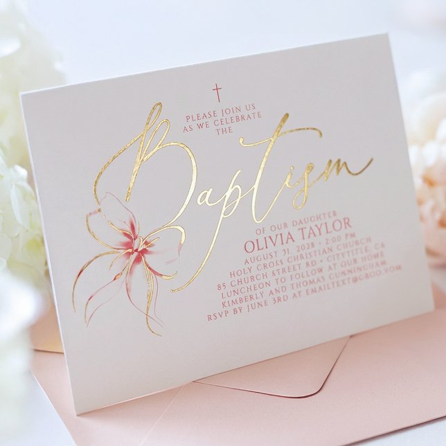 Invitation En Aluminium Blush Pink Bow Elegant Minimalist Girl Baptism (Pink Bow Elegant Baptism Gold Foil Invitation)
