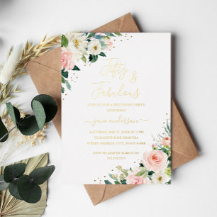 Invitation En Aluminium Blush Rose Doré Floral 50 & Anniversaire Fabuleux
