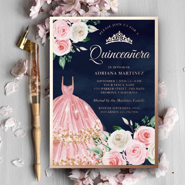 Invitation En Aluminium Blush rose Floral Gown Quinceanera Marine Rose Gol (Créateur téléchargé)