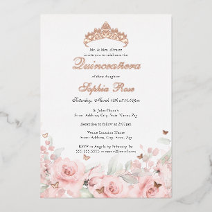 Invitation En Aluminium Blush Rose Floral Papillon Quinceanera en Or Rose