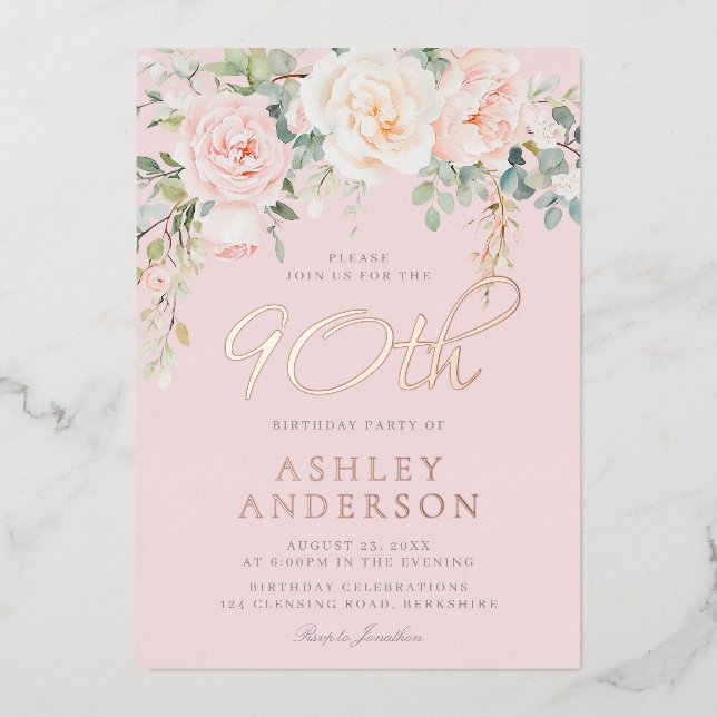 Invitation En Aluminium Blush & Rose Gold 90th Birthday Celebration (Recto)