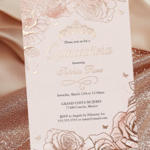 Invitation En Aluminium Blush Rose Gold Roses Thème Quinceanera