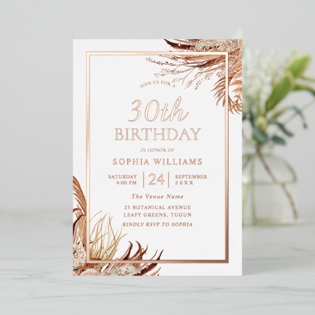 Invitation En Aluminium Bohème Bohème 30ème anniversaire Rose Gold Foil (Debout devant)