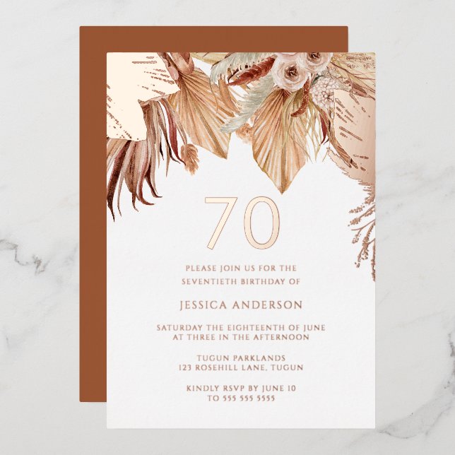 Invitation En Aluminium Bohème Bohème Floral 70ème anniversaire Rose de fê (Recto/Verso)