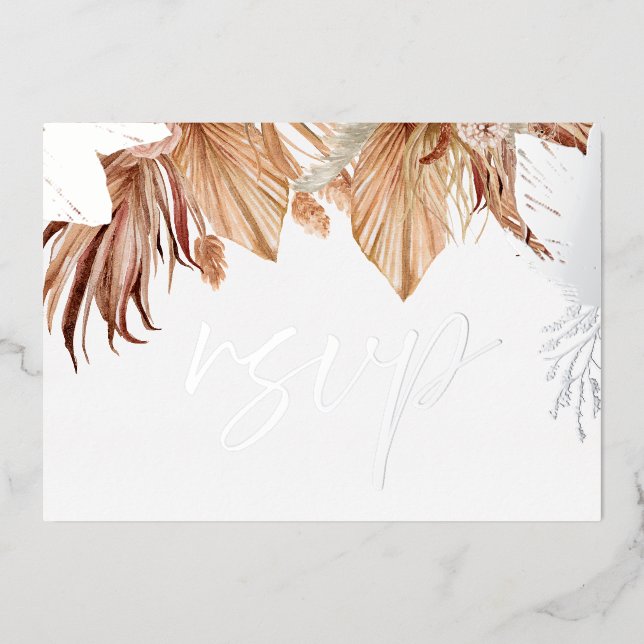 Invitation En Aluminium Bohème Tendance Florale Mariage Argent Feuille RSV (Recto)