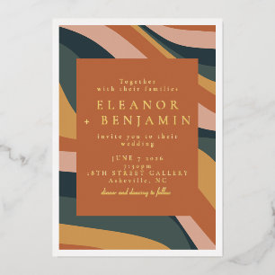 Invitation En Aluminium Boho Abstrait Wavy Lines Terracotta Mariage Gold