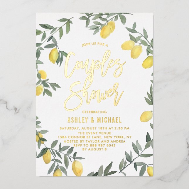 Invitation En Aluminium Boho Aquarelle Citron Wreath Couples Douche (Recto)