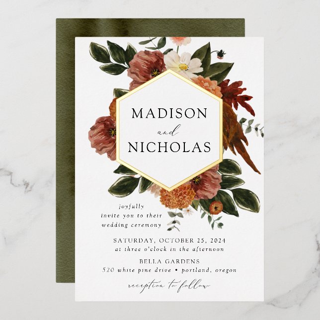 Invitation En Aluminium Boho Automne Floral Frame Mariage (Recto/Verso)