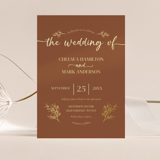 Invitation En Aluminium Boho Brown Mariage de script tendance (Créateur téléchargé)