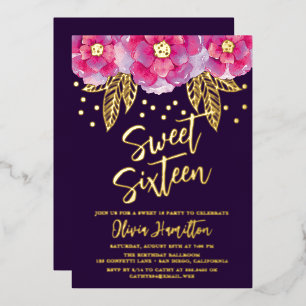 Invitation En Aluminium Boho Fleurs Rose Violet Sweet 16