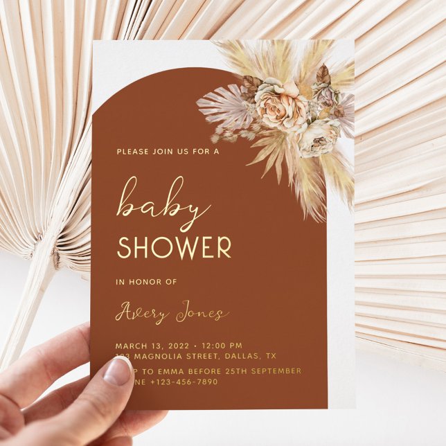 Invitation En Aluminium Boho Moderne Pampas Baby shower Arche Grass Or (boho gold foil baby shower invitation)
