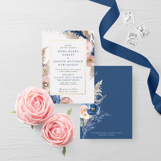 Invitation En Aluminium Boho pastel bleu & brush choral Mariage (Créateur téléchargé)