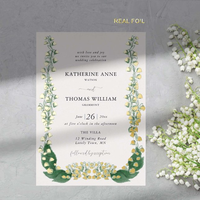 Invitation En Aluminium Boho Romantique aquarelle Lily Valley Mariage Gold (lily of the valley wedding invitation boho chic elegant romantic floral frame watercolor gold foil)