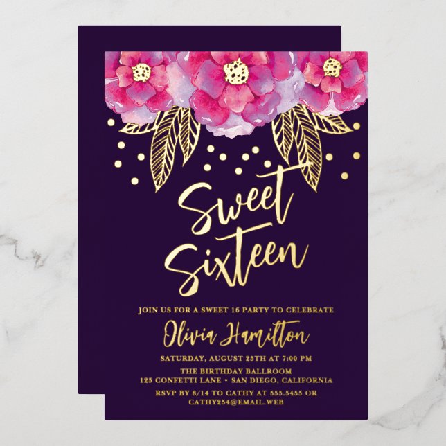 Invitation En Aluminium Boho rose violet Fleurs Douces 16 (Recto/Verso)
