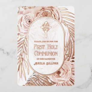 Invitation En Aluminium Boho Roses Floral Croix Première Sainte Communion
